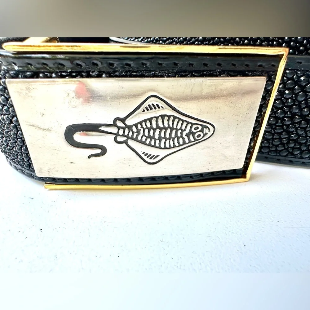 Stingray Skin Black Textured Belt with Gold & Silver Buckle 34” Unisex